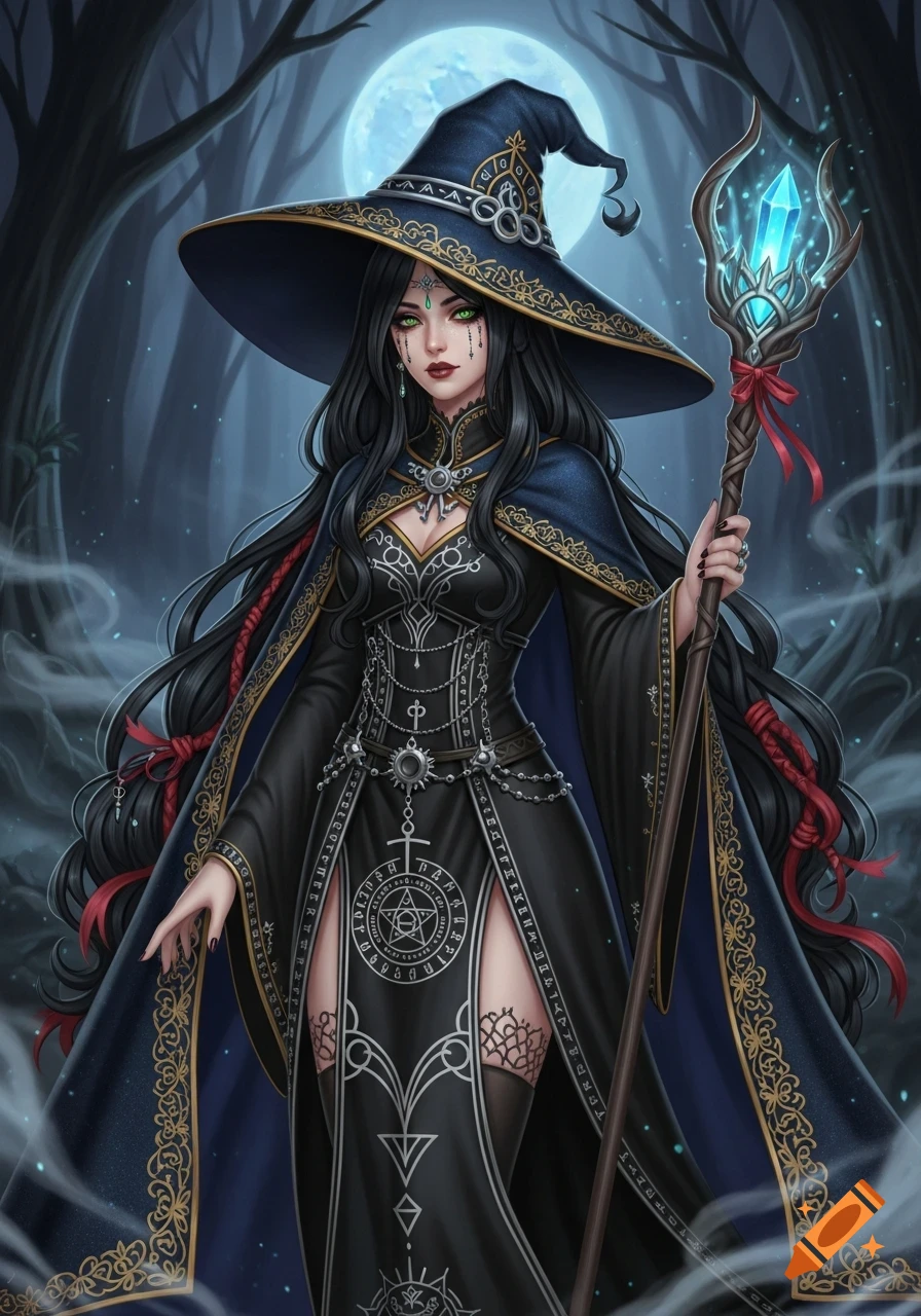 A beautiful witch with long black hair, green eyes, and a wide-brimmed hat stands in a dark forest under a full moon, holding a glowing staff. She wears an elaborate black and blue gown with ornate patterns.
