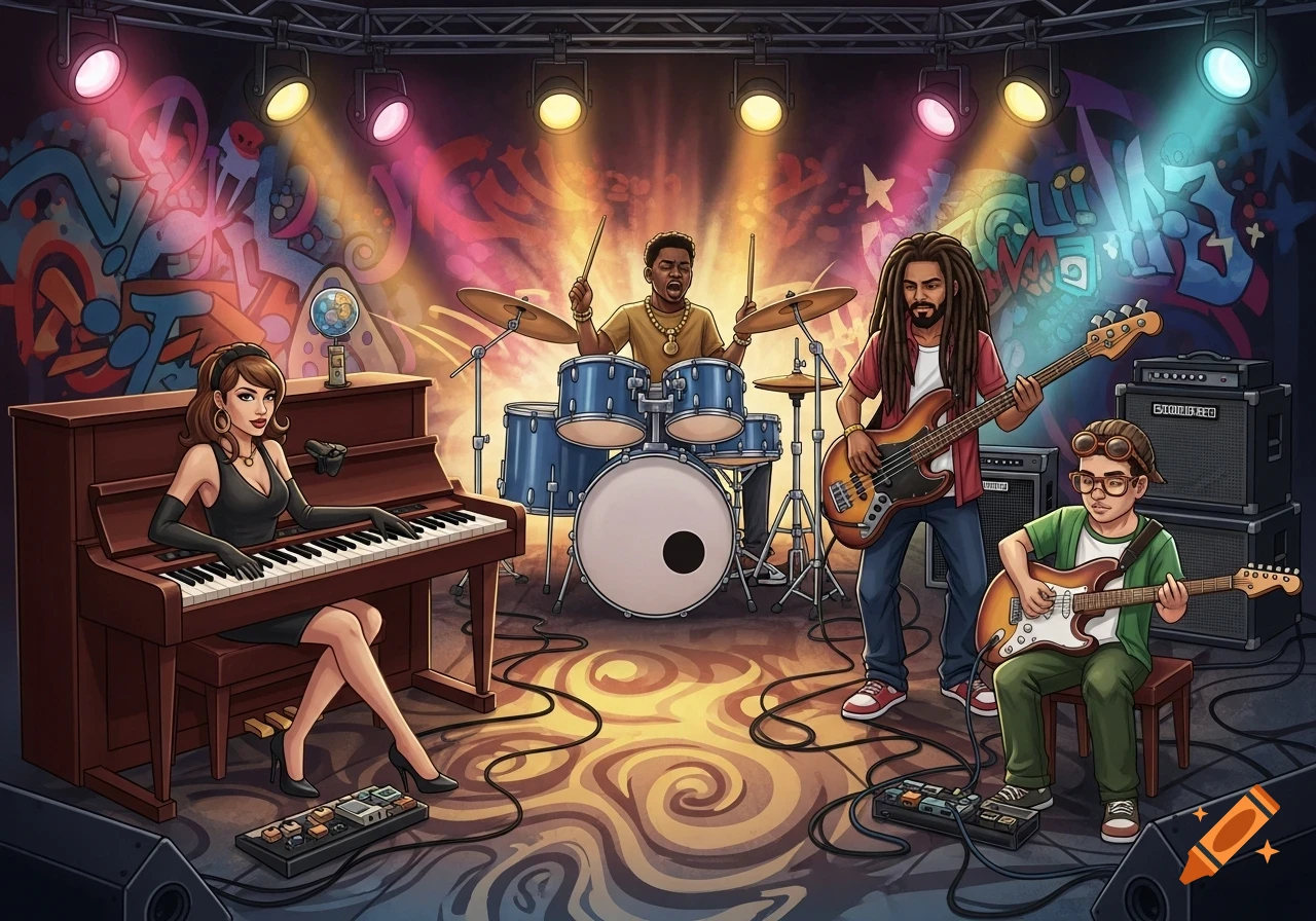 A diverse band plays instruments on a vibrant stage under colorful spotlights in a cartoon style. A female pianist, male drummer, bassist with dreadlocks, and a young male guitarist are performing.