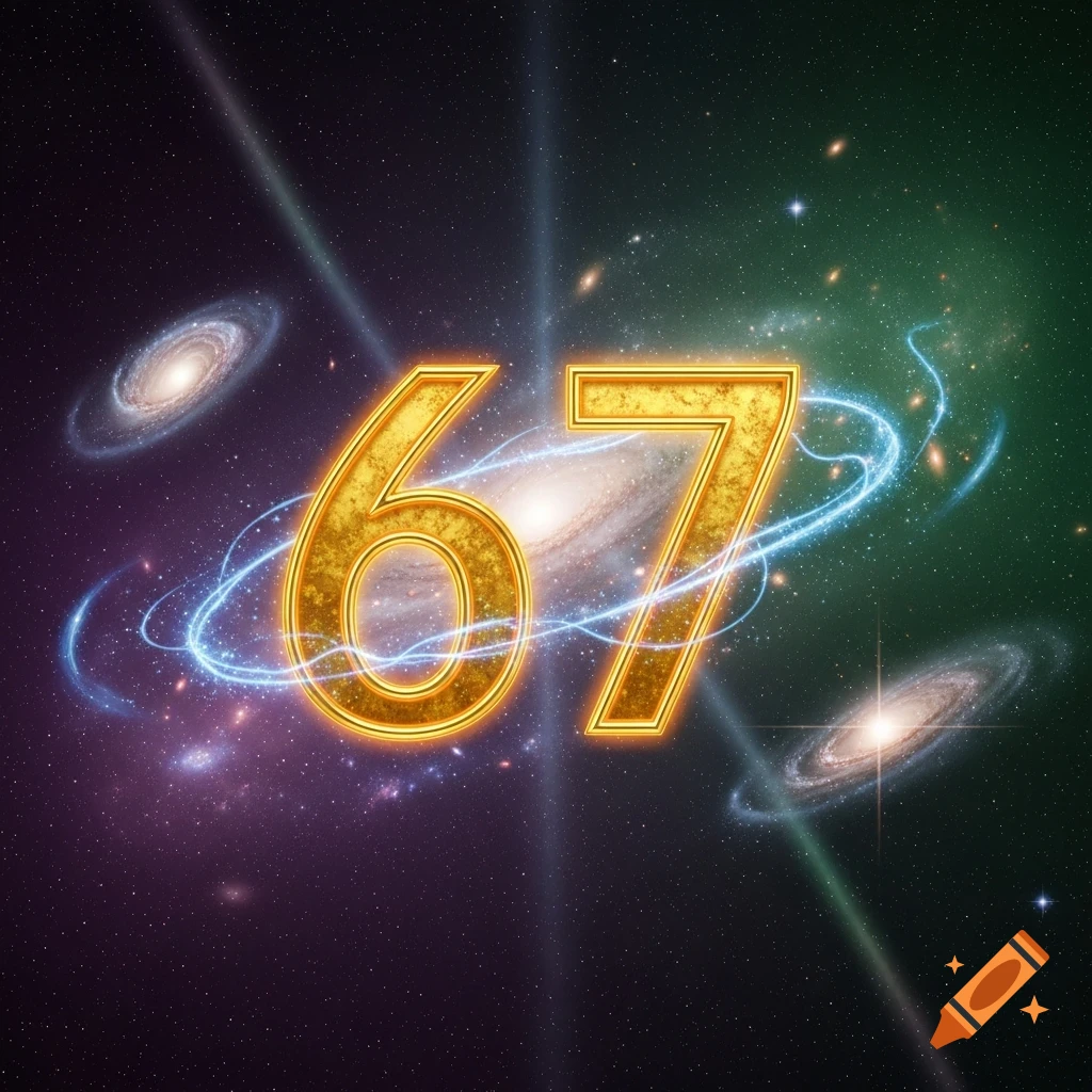 Golden number 67 floating in a vibrant cosmic background with galaxies, stars, and glowing blue streaks.