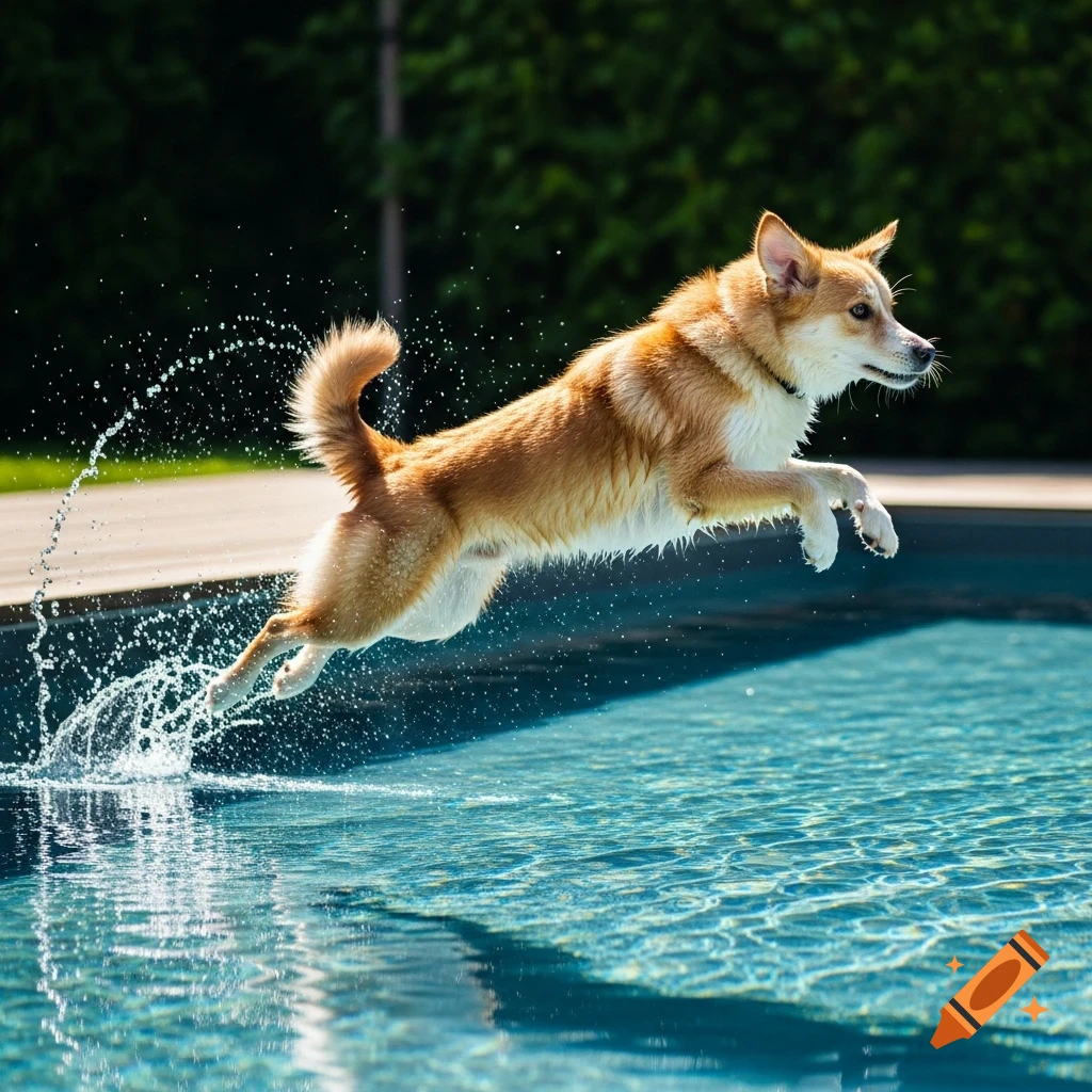 A golden-furred dog mid-leap into a blue swimming pool, creating energetic splashes. Photorealistic.