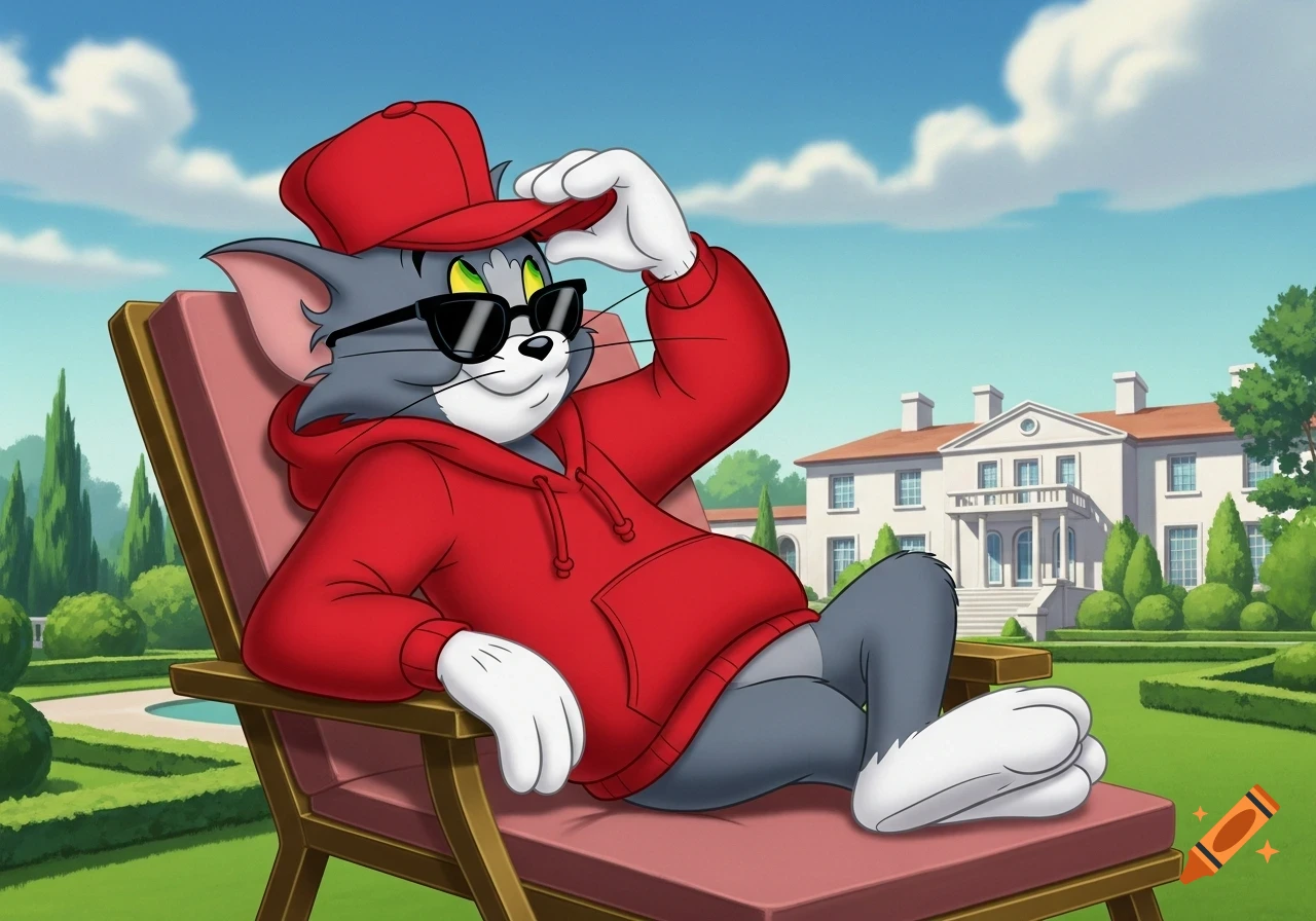 Cartoon character Tom in a red hoodie, cap, and sunglasses, relaxing on a lawn chair in front of a luxury villa.
