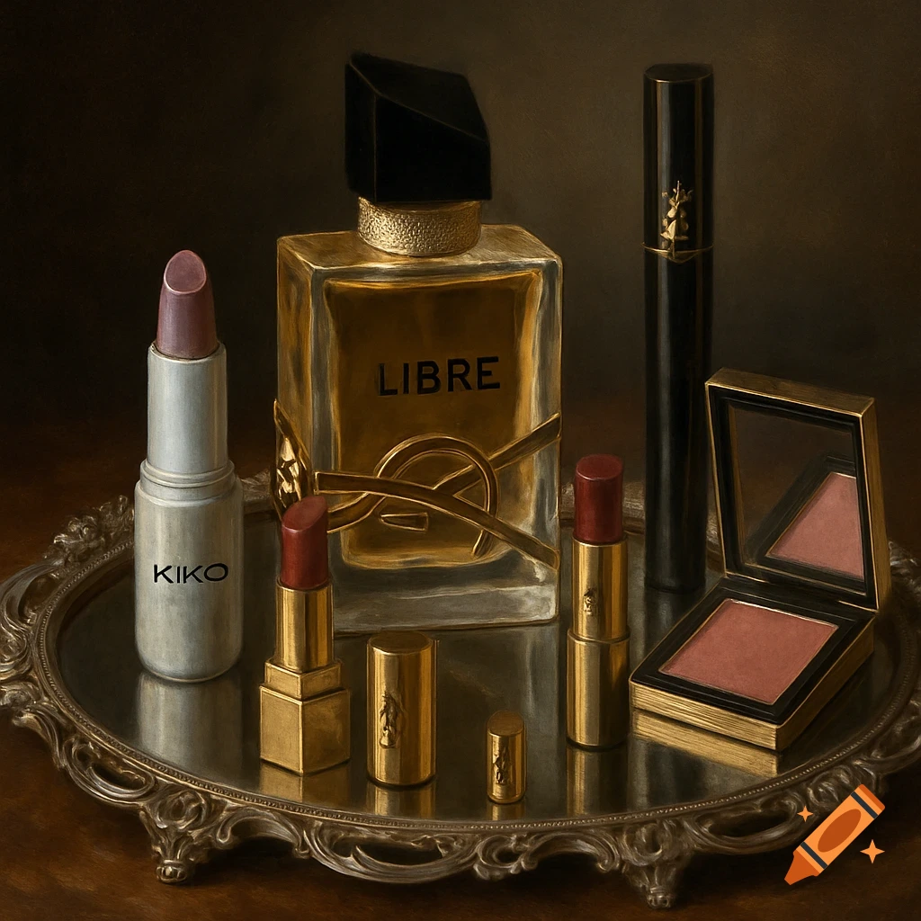 A dark, photorealistic still life of luxury cosmetic products, including YSL Libre perfume, Kiko lipstick, YSL lipsticks, mascara, and blush, all neatly arranged on an ornate silver tray.