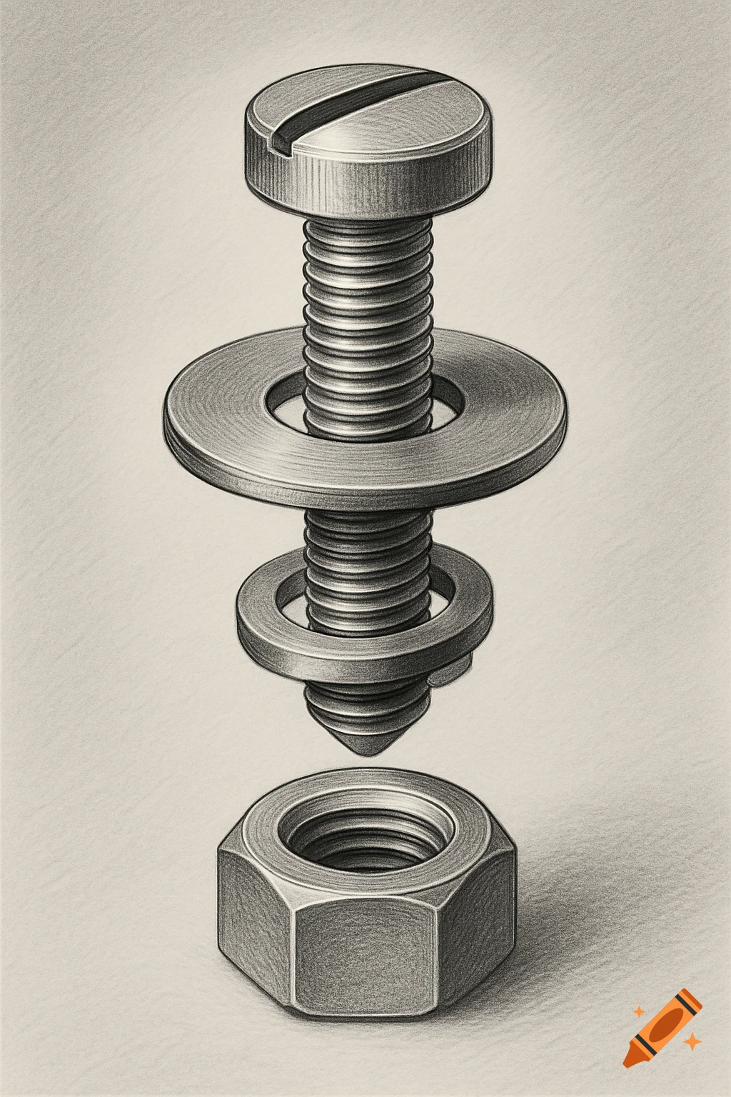 Grayscale technical drawing of a screw with a flat washer, a spring washer, and a nut, stacked vertically.