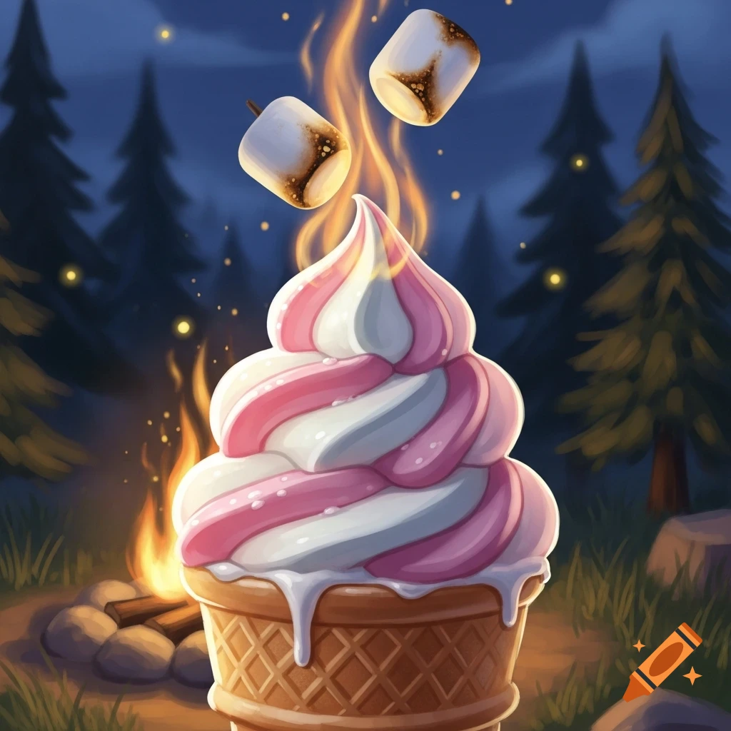 Illustrative image of a pink and white swirled ice cream cone with two toasted marshmallows floating above a campfire in a dark forest.