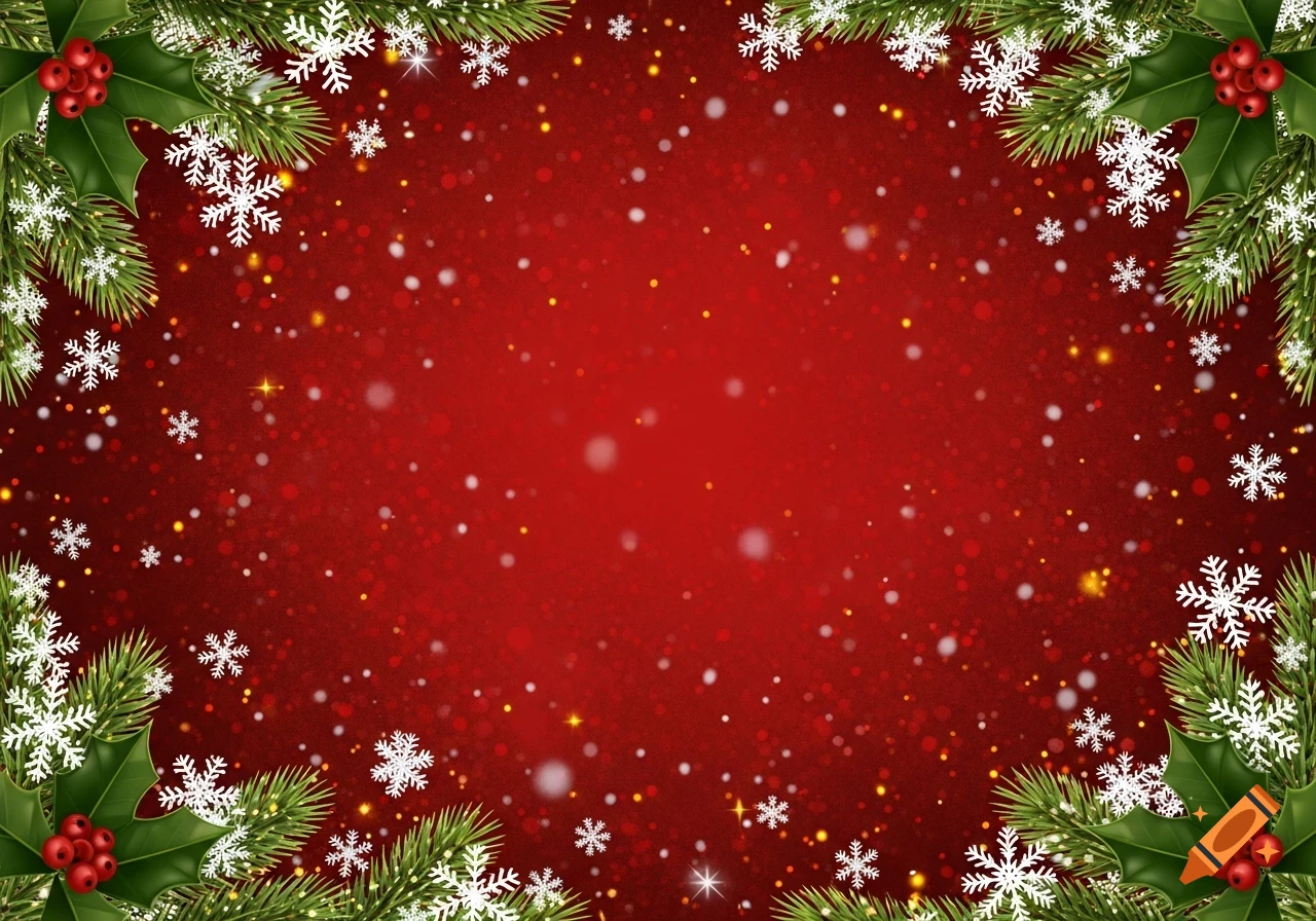 Festive red Christmas background framed by pine, holly, and snowflakes, with glowing bokeh and sparkles.