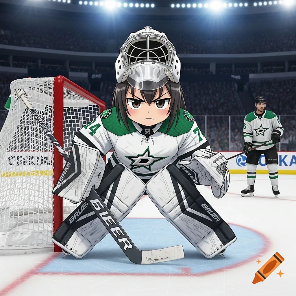 An anime girl in a Dallas Stars goalie uniform, in a blocking pose on ice in front of a net, with a photorealistic hockey arena background.