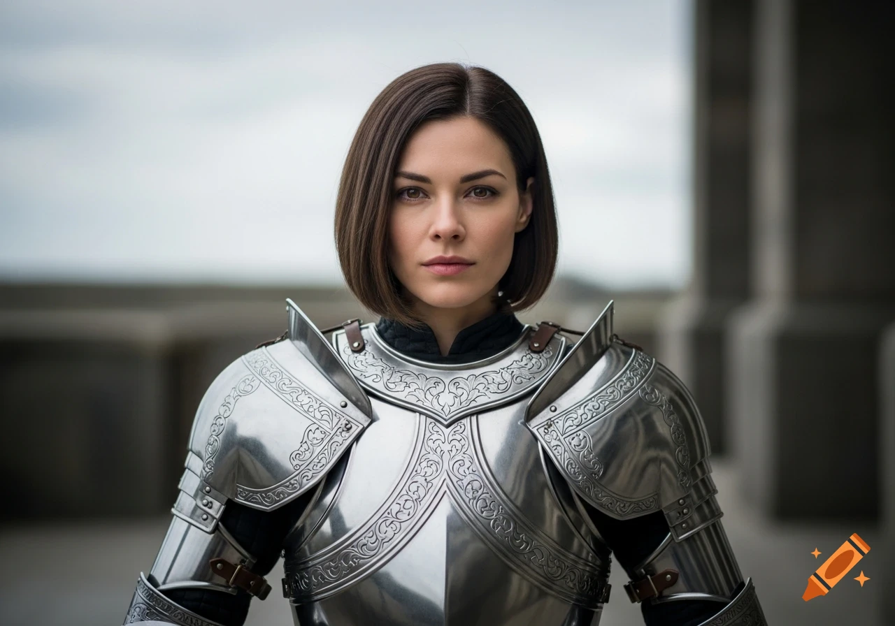 A serious-looking woman with a bob haircut and brown eyes wears ornate silver armor, looking directly forward.