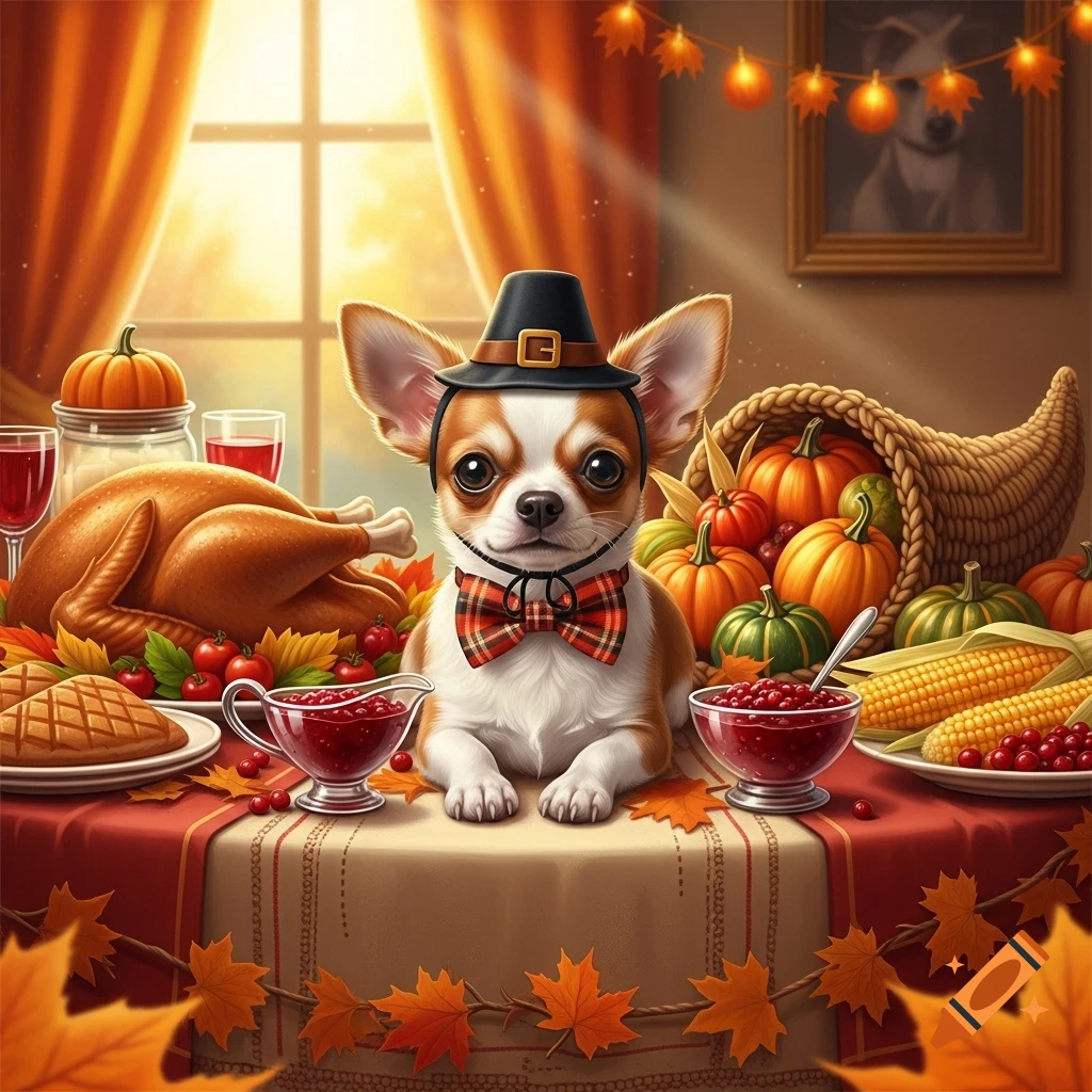 A cute Chihuahua dog in a pilgrim hat and plaid bow tie sits at a festive Thanksgiving table with turkey and autumn decor.
