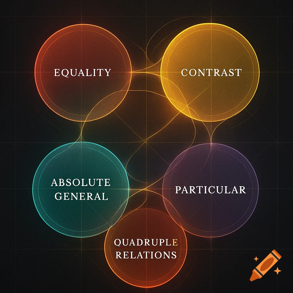 Five glowing, interconnected circles on a dark grid, each labeled with a logical concept: Equality, Contrast, Absolute General, Particular, Quadruple Relations. Abstract style.