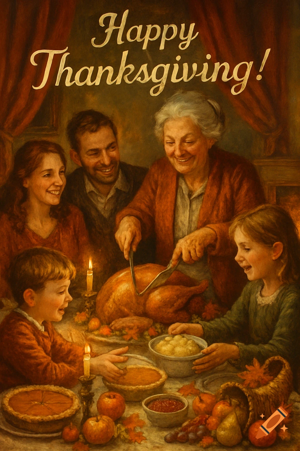 A vintage painting of a multi-generational family celebrating Thanksgiving dinner with a turkey, pies, and fruit, under 'Happy Thanksgiving!' text.