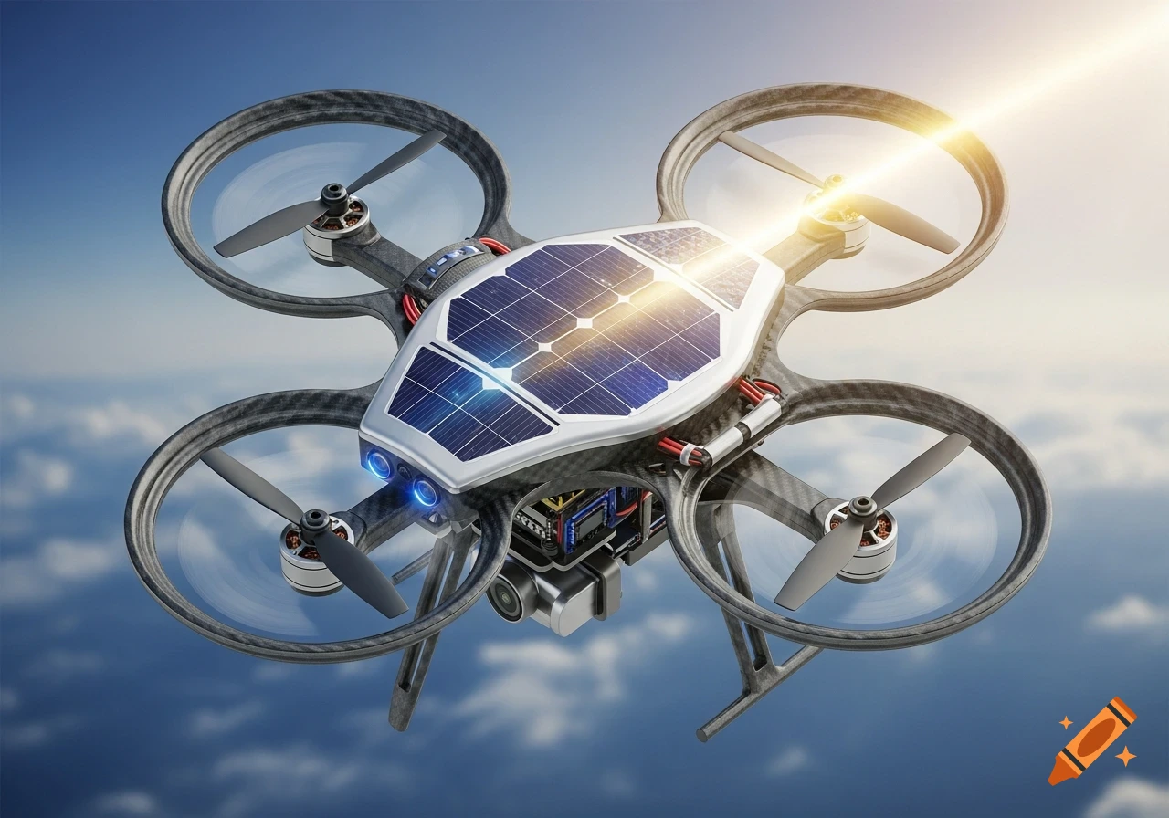 A futuristic drone with solar panels on its body and four rotors flies high in a clear blue sky.