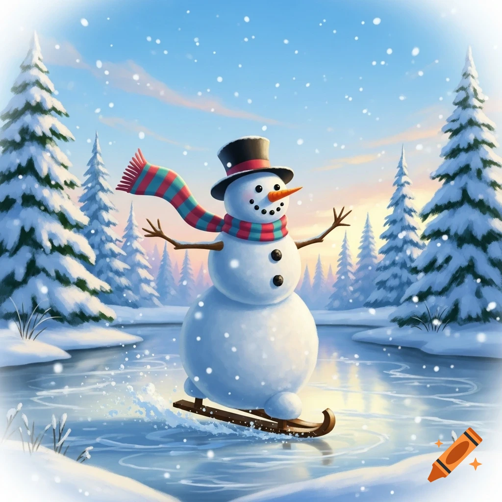 A cheerful snowman in a top hat and striped scarf skates on ice in a snowy winter landscape with pine trees and falling snow.