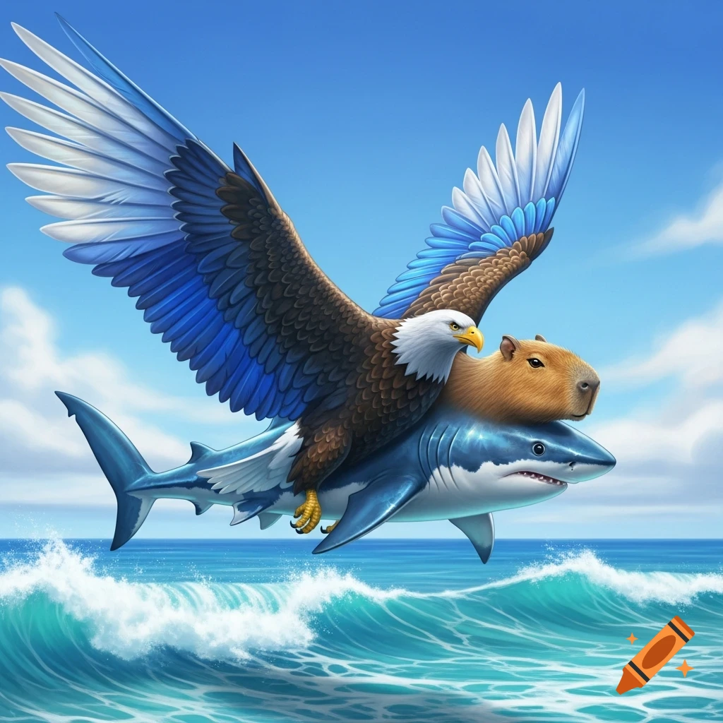 An eagle with a capybara on its back flies a shark over ocean waves under a blue sky.