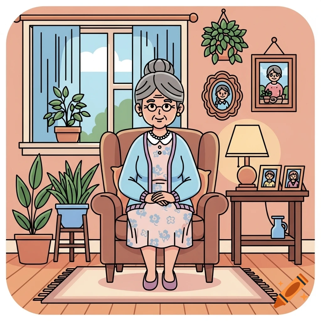 Clipart of an elderly woman with grey hair and glasses, sitting in an armchair in a cozy living room with plants and family photos.