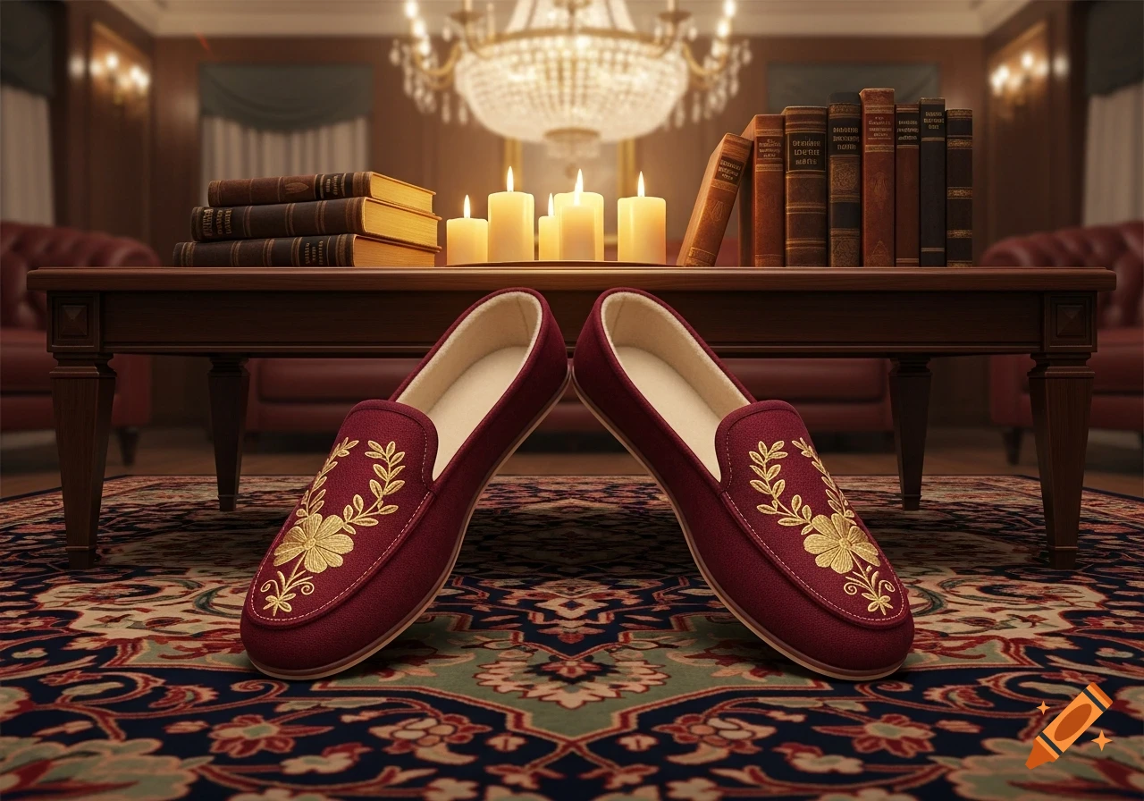 A pair of red velvet slippers with gold embroidery on a patterned rug in a luxurious room with books and candles on a table.
