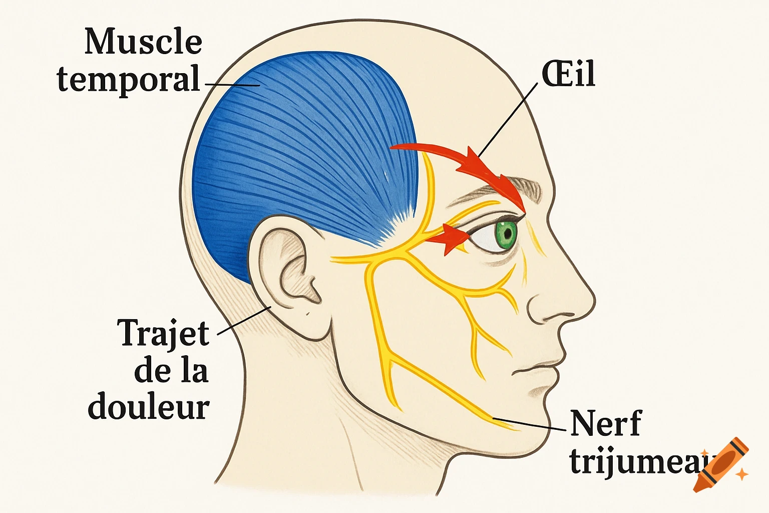 Medical illustration of a human head showing the temporal muscle, eye, and trigeminal nerve with a pain pathway, labeled in French.