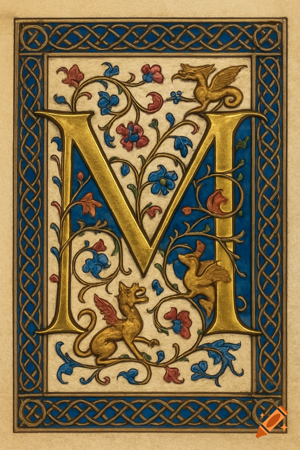 A richly decorated, golden capital letter M in medieval illuminated manuscript style, with blue, red, and gold floral vines and two winged mythical creatures.