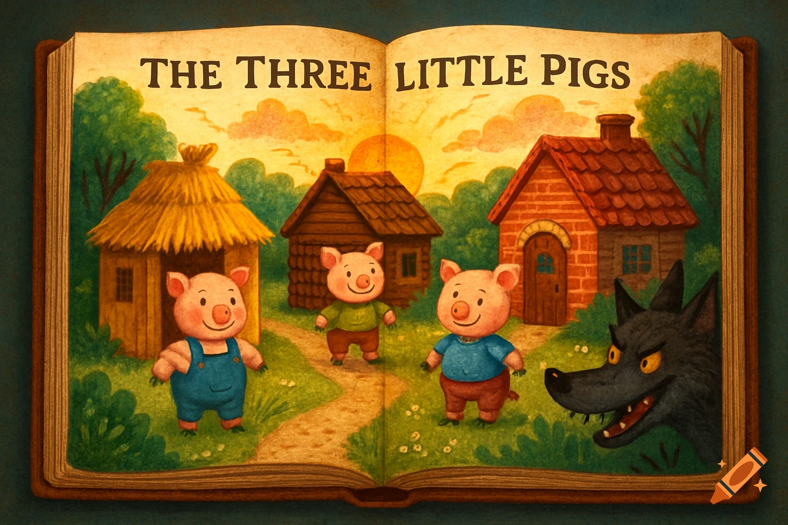 An open storybook illustration of The Three Little Pigs, showing three pigs near their houses and the Big Bad Wolf in a sunset landscape.