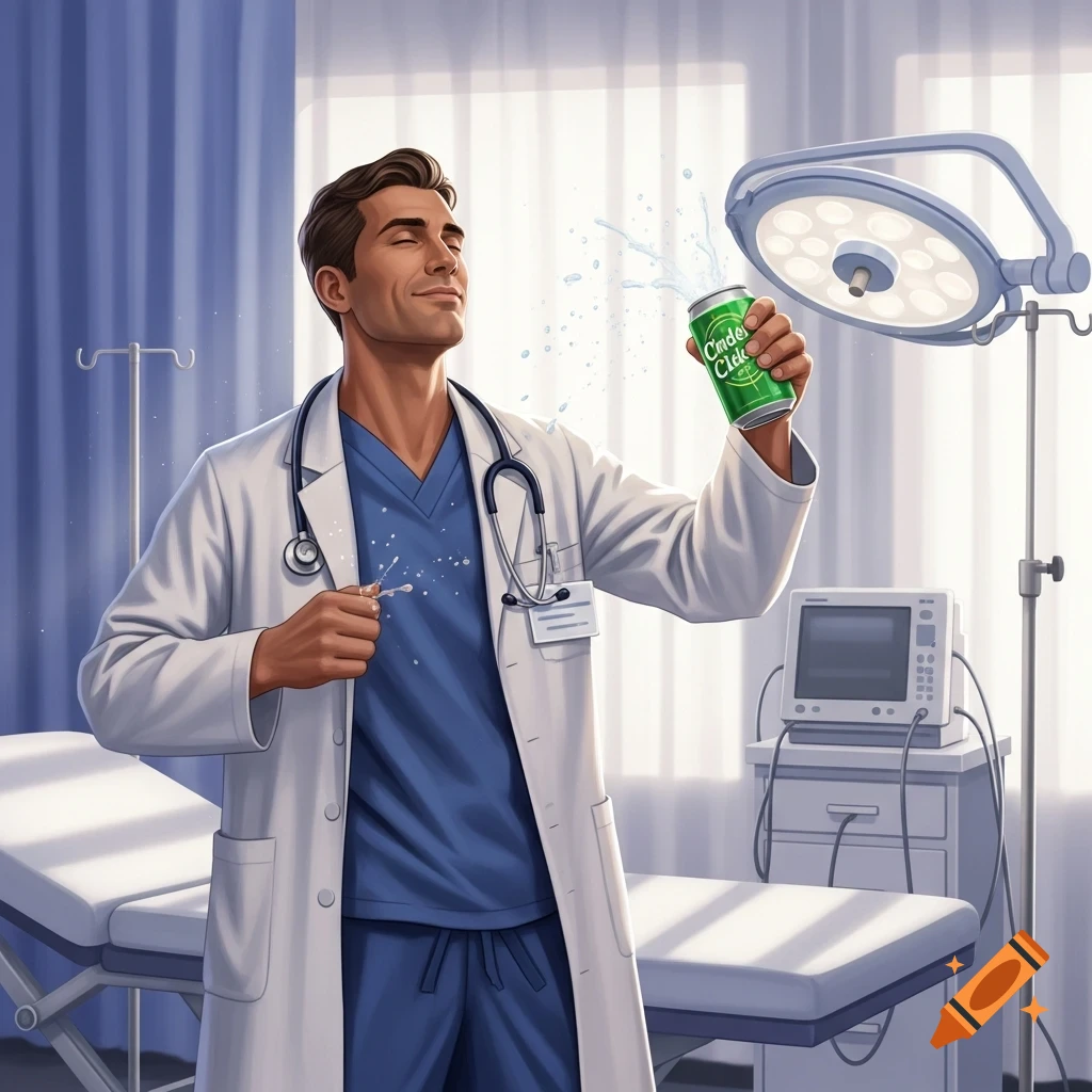 A smiling male doctor in a white lab coat and blue scrubs opens a green soda can, splashing liquid, in a brightly lit hospital room with medical equipment.