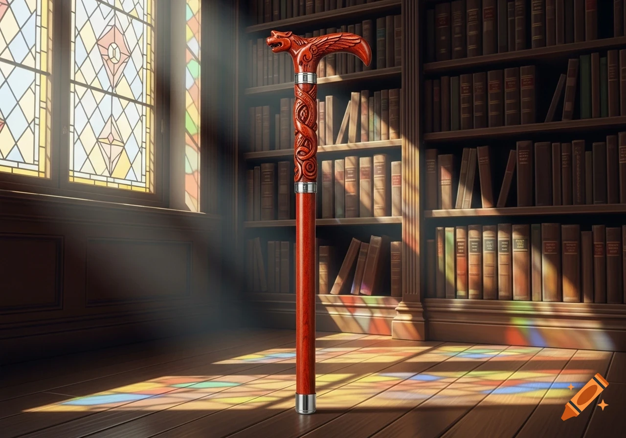 A red wooden cane with a carved dragon's head handle and ornate designs stands in a sunlit library with stained glass windows.