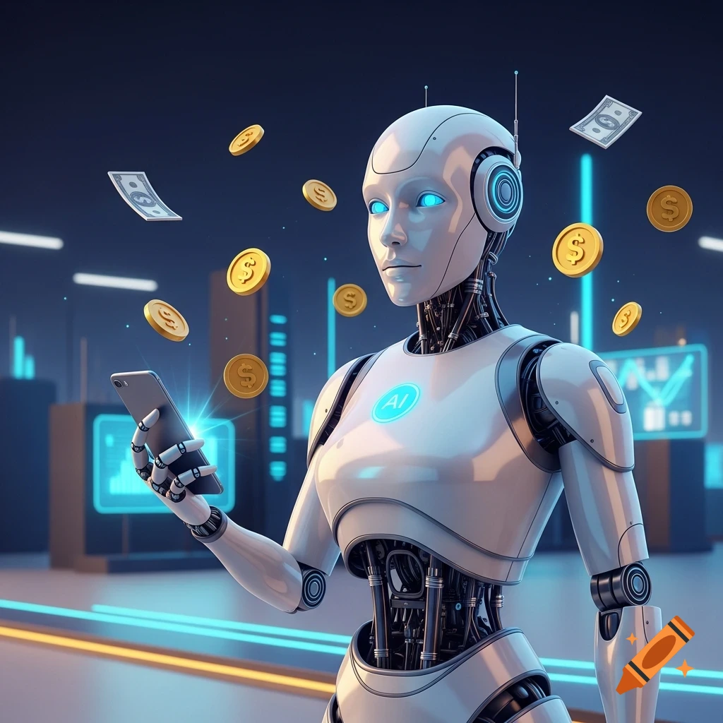 A sleek white AI robot holding a smartphone, with gold coins and dollar bills floating around it in a futuristic blue-lit environment.
