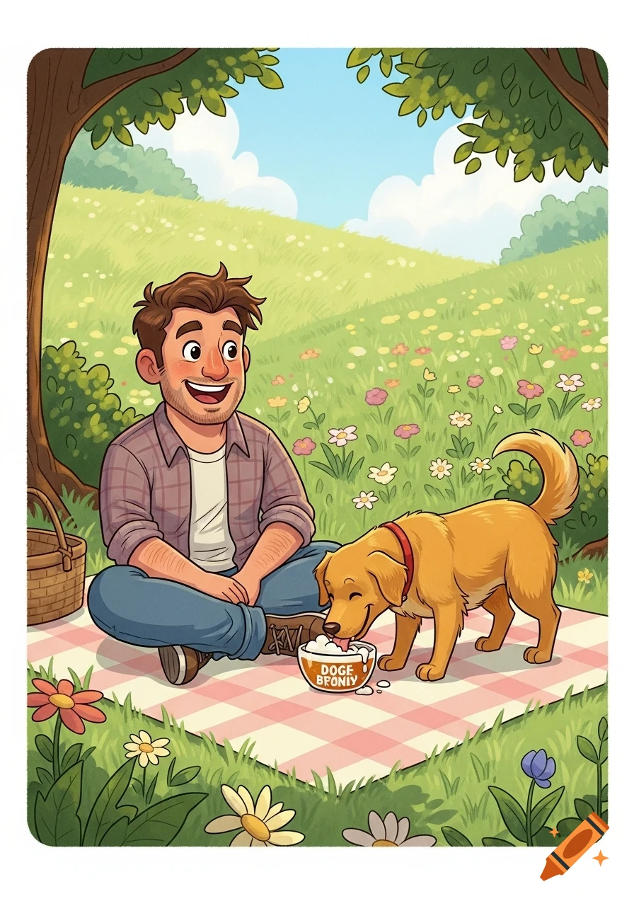 A cartoon man sits on a picnic blanket watching his golden retriever drink from a bowl in a flowery field under a tree.