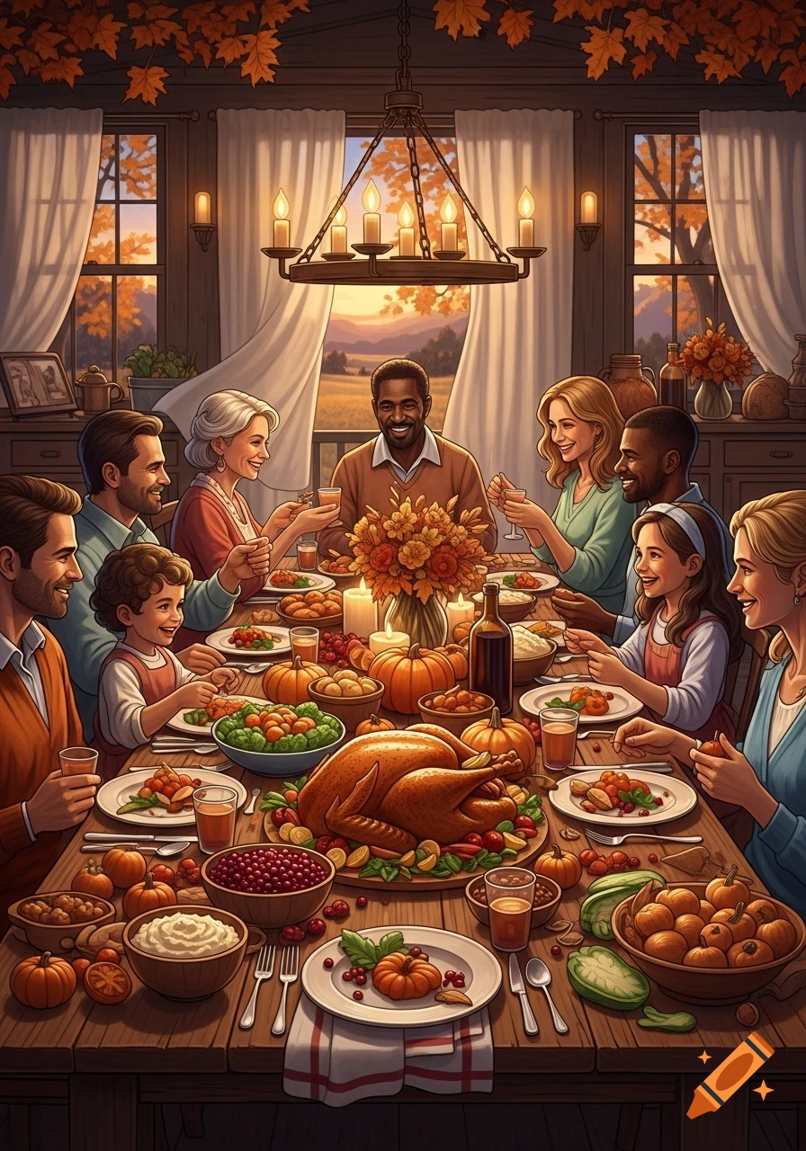A diverse family smiles, gathered at a cozy Thanksgiving dinner table laden with roasted turkey, pumpkins, and autumn decorations.