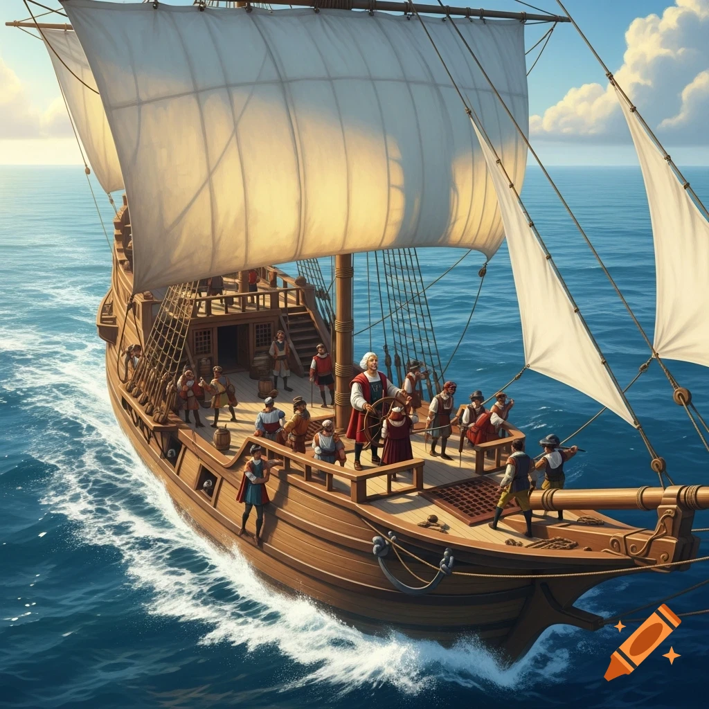 A historical caravel ship with a crew sails on a blue ocean under a partly cloudy sky, viewed from above.