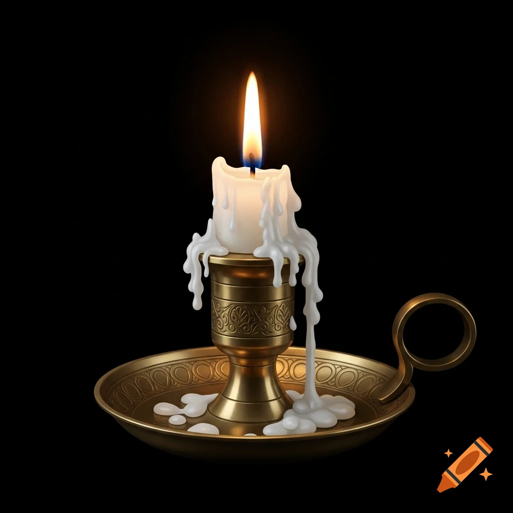 A realistic lit white candle with melted wax in an ornate brass holder on a black background.