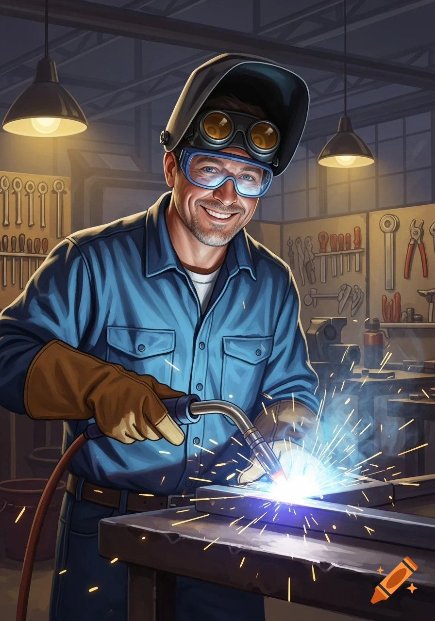 A smiling man in a blue shirt, welding helmet, and safety goggles, welding metal in a workshop. Illustrated style.