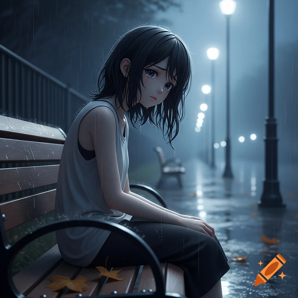 A sad anime girl with dark hair sits alone on a park bench in the pouring rain at night, illuminated by streetlights.