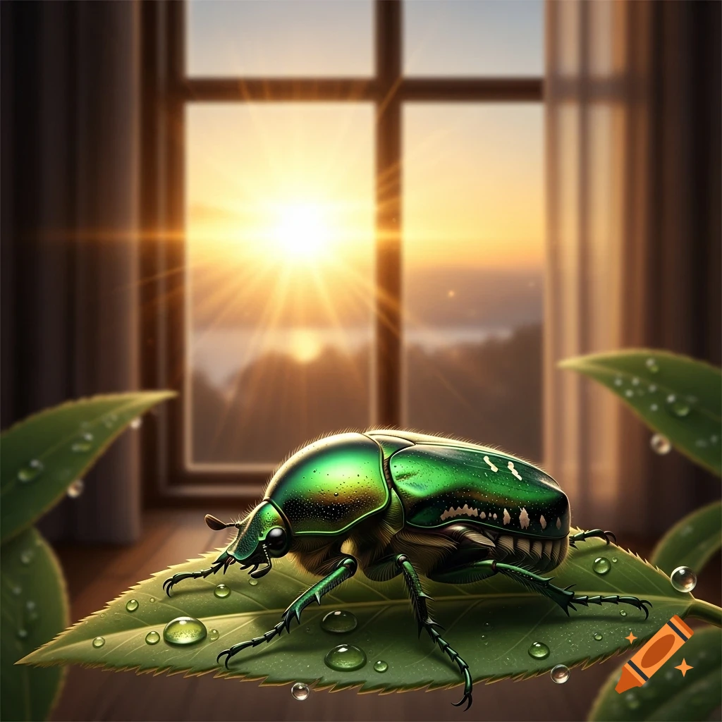 A vibrant green beetle with black markings sits on a dewy green leaf, silhouetted against a bright window sunset.