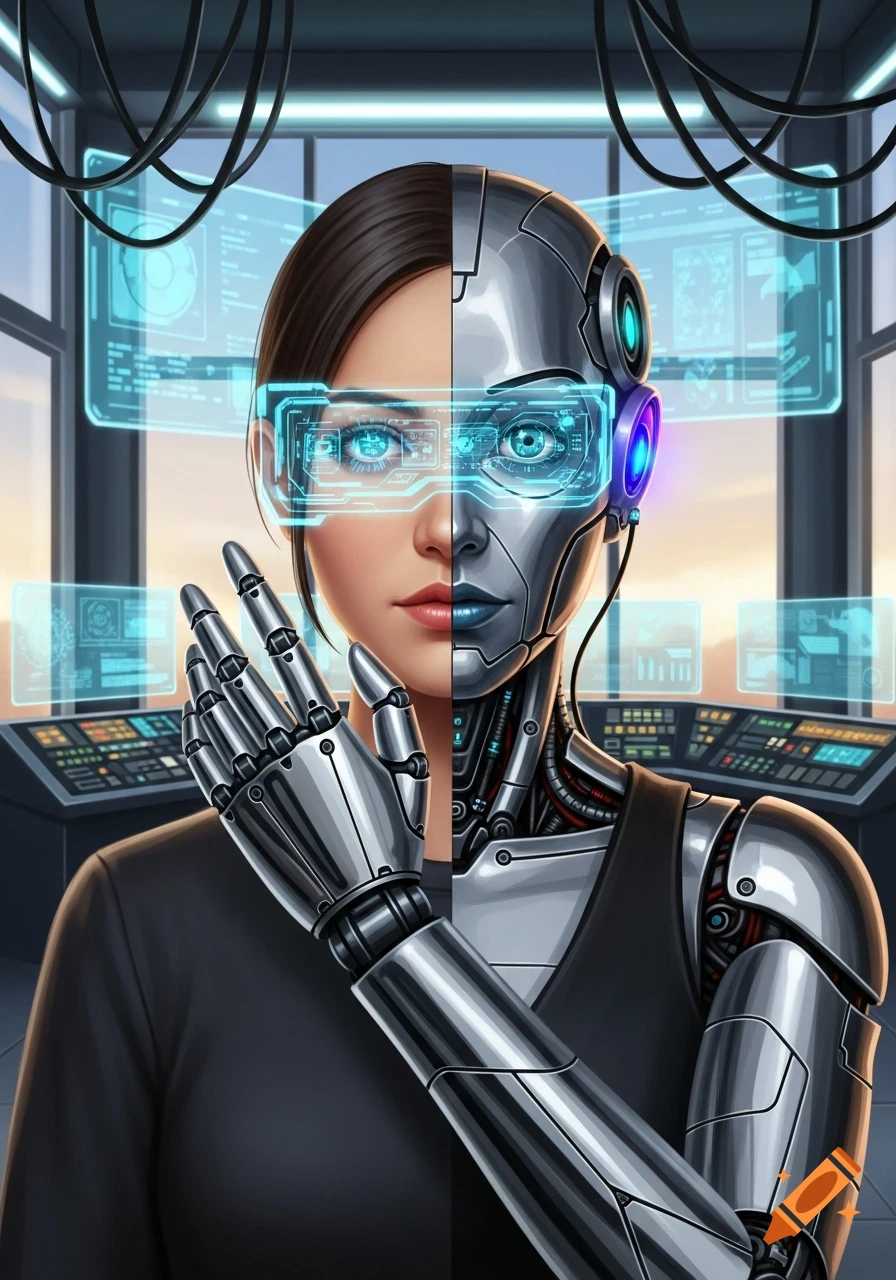 A stylized portrait of a woman, half human and half silver cyborg, wearing a glowing blue data visor in a high-tech control room.