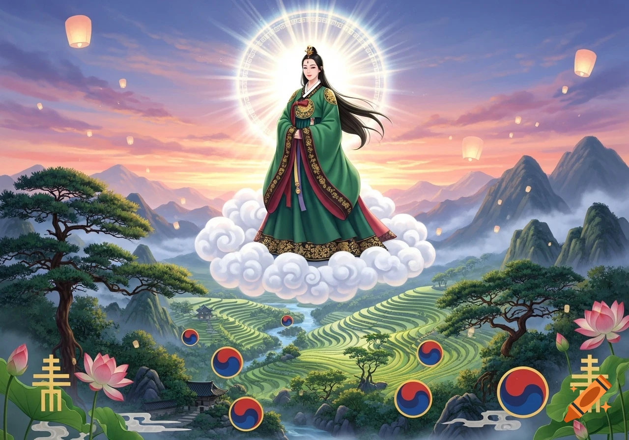 An illustrative painting of a Korean goddess in a green hanbok, radiating light while standing on clouds above a serene landscape with rice terraces, mountains, and floating lanterns at sunset.