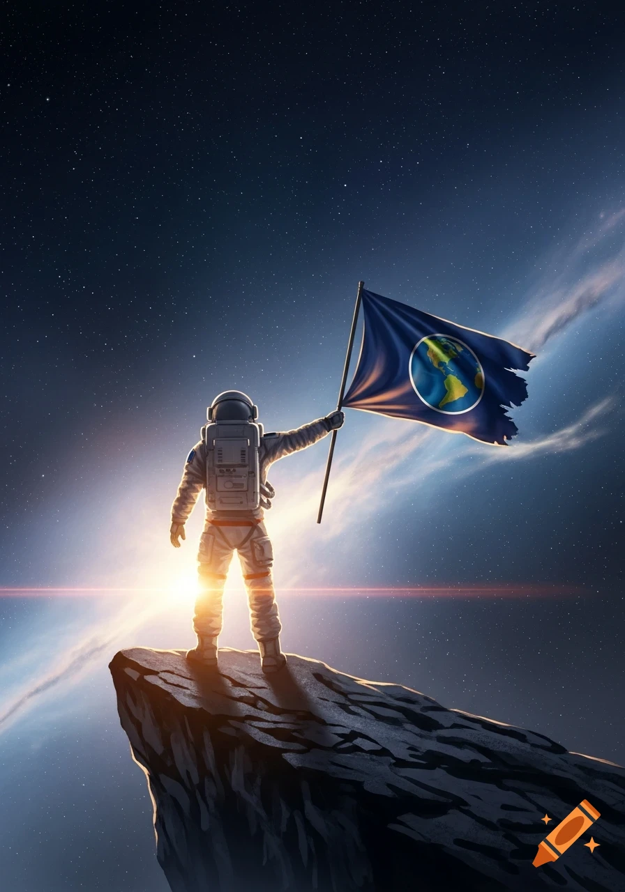 An astronaut in a white suit stands on a rocky cliff in space, holding a blue flag with an Earth emblem, backlit by a bright sun.