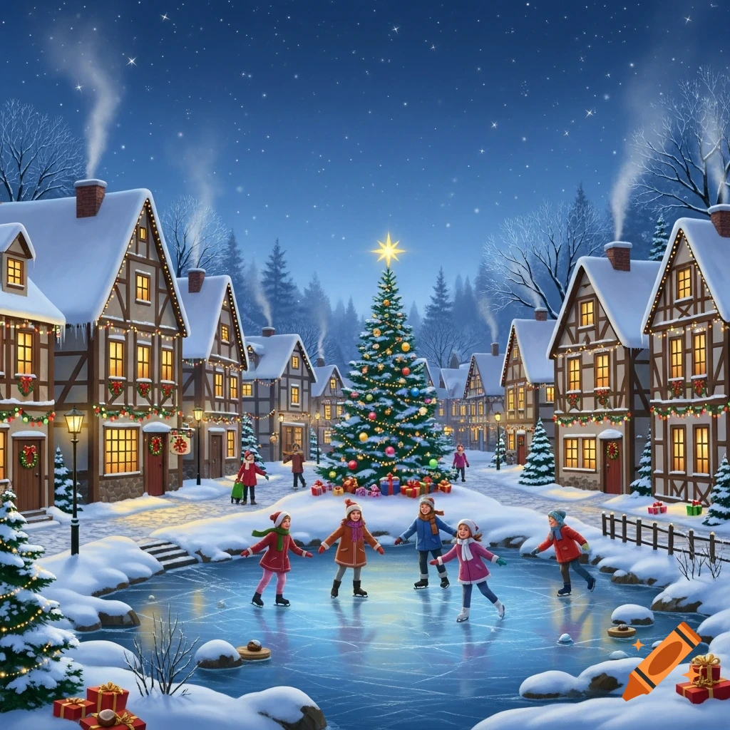 A picturesque snowy Christmas village at night with a large decorated tree and children ice skating on a frozen pond.