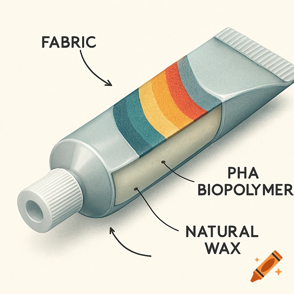 Infographic cross-section of a tube container showing an outer fabric layer, a middle PHA biopolymer layer, and an inner natural wax layer.