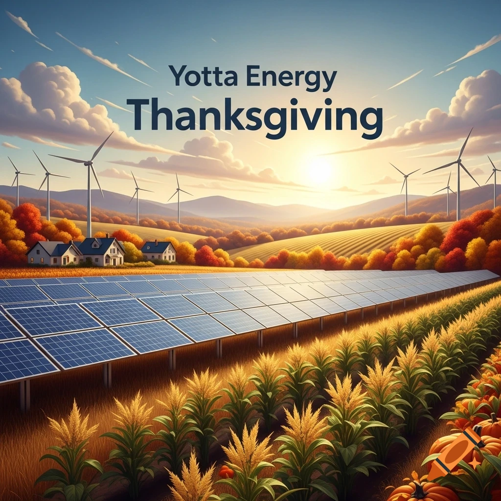 Autumn landscape with solar panels, wind turbines, corn, pumpkins, and houses under a setting sun, with 'Yotta Energy Thanksgiving' text in the sky.