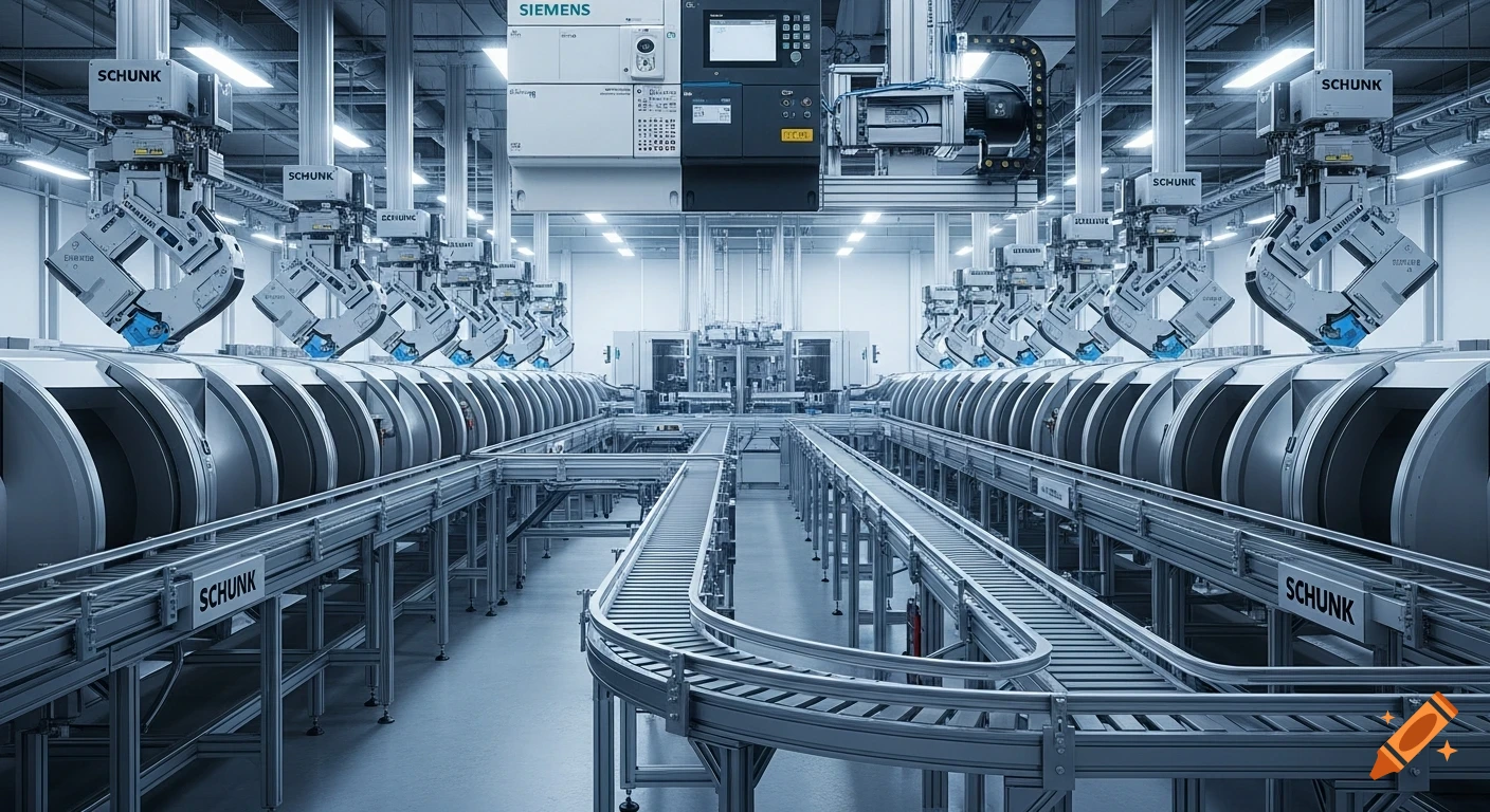 A clean, modern factory floor with multiple robotic grippers above conveyor belts and industrial control panels, photorealistic.