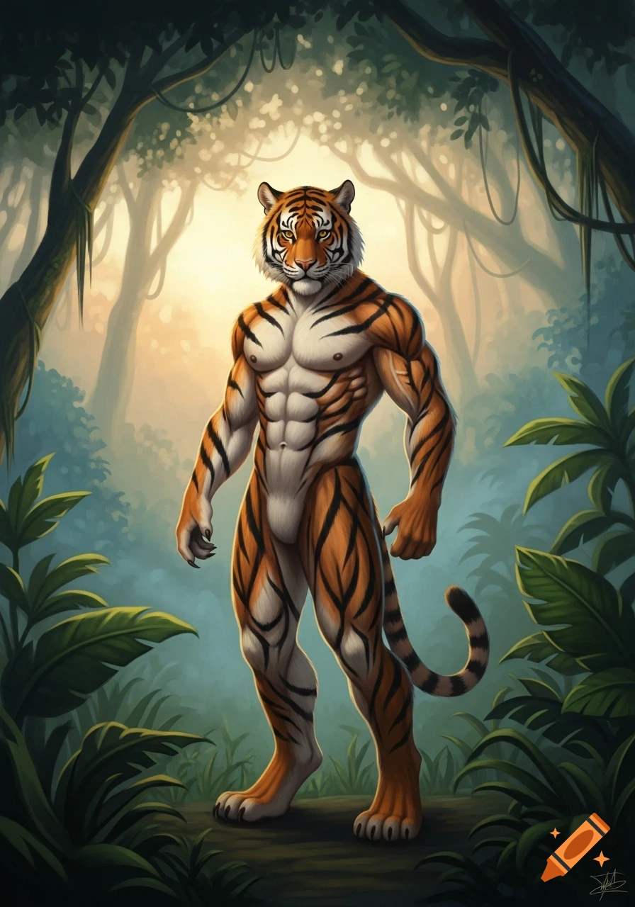 A muscular, anthropomorphic tiger stands on a log in a lush jungle, with soft light filtering through the canopy.