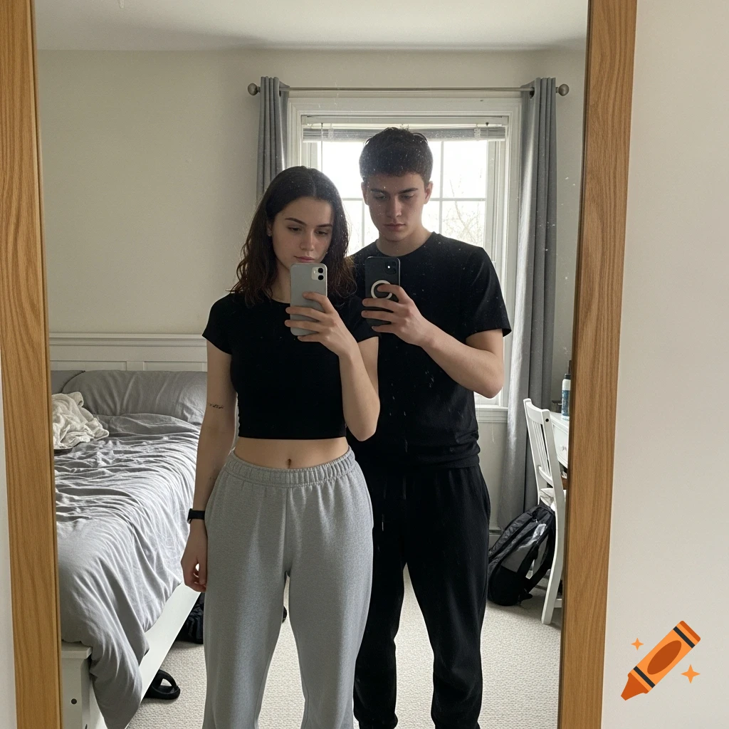 A young woman in a black crop top and gray sweatpants takes a mirror selfie with a young man in a black t-shirt and joggers in a bedroom.