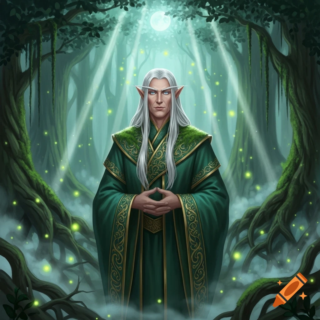 A wise elf with long white hair and pointed ears, dressed in a green robe, stands in a mystical forest with glowing fireflies and moonlit rays.