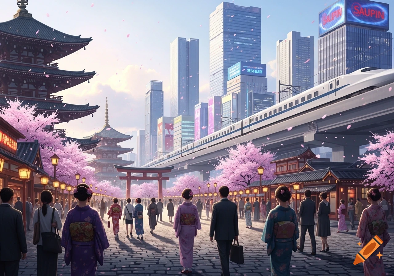 A bustling Japanese street scene blending traditional architecture with a modern cityscape, featuring cherry blossoms, a bullet train, and people in kimonos.