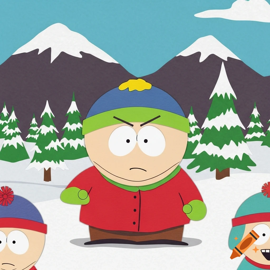 Eric Cartman with an angry expression in a snowy mountain landscape, with other South Park characters partially visible.