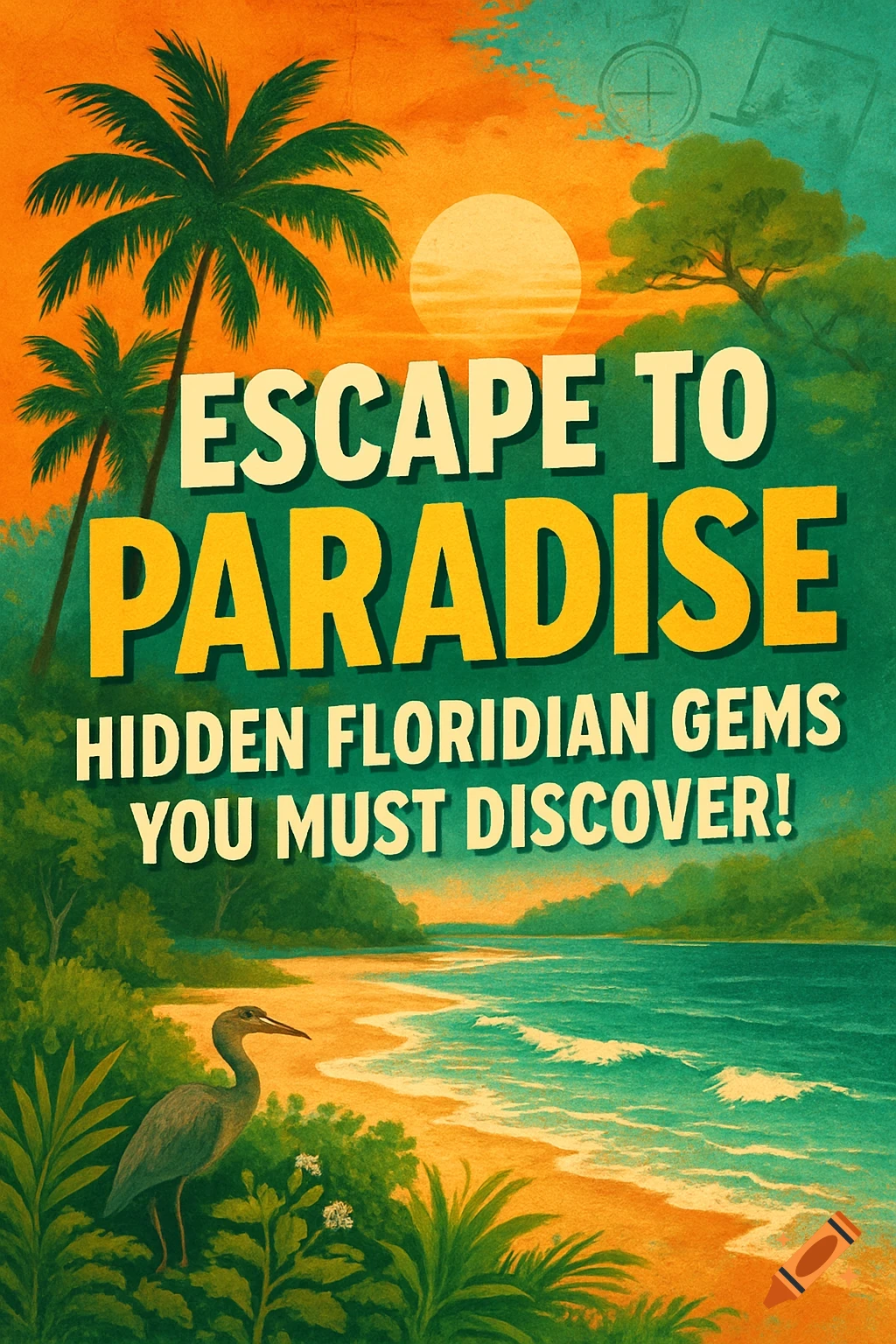 Vintage travel poster for Florida featuring palm trees, a sunset, a heron on a sandy beach, and text "ESCAPE TO PARADISE HIDDEN FLORIDIAN GEMS YOU MUST DISCOVER!"