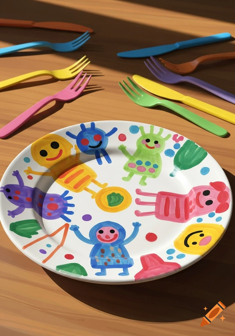 A white plate decorated with colorful child-like drawings of figures, surrounded by scattered bright plastic forks and knives on a wooden table.