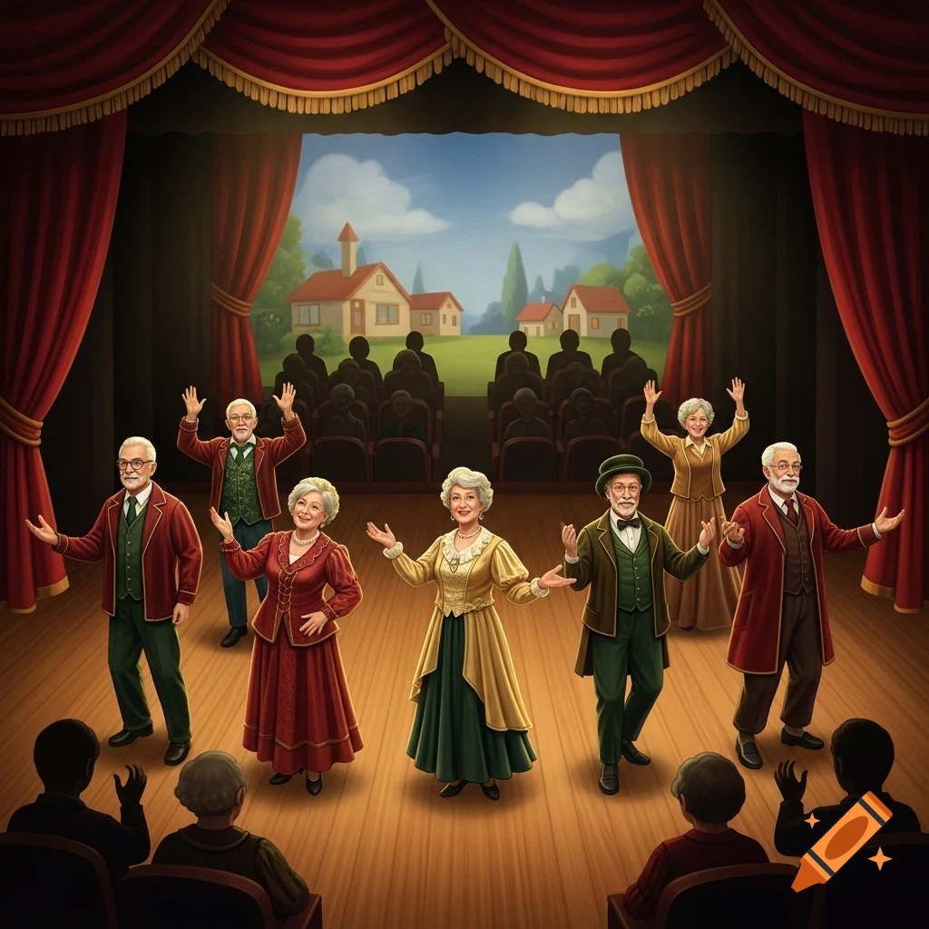 A group of cheerful seniors performing on a theater stage with red curtains, a painted backdrop, and an audience.