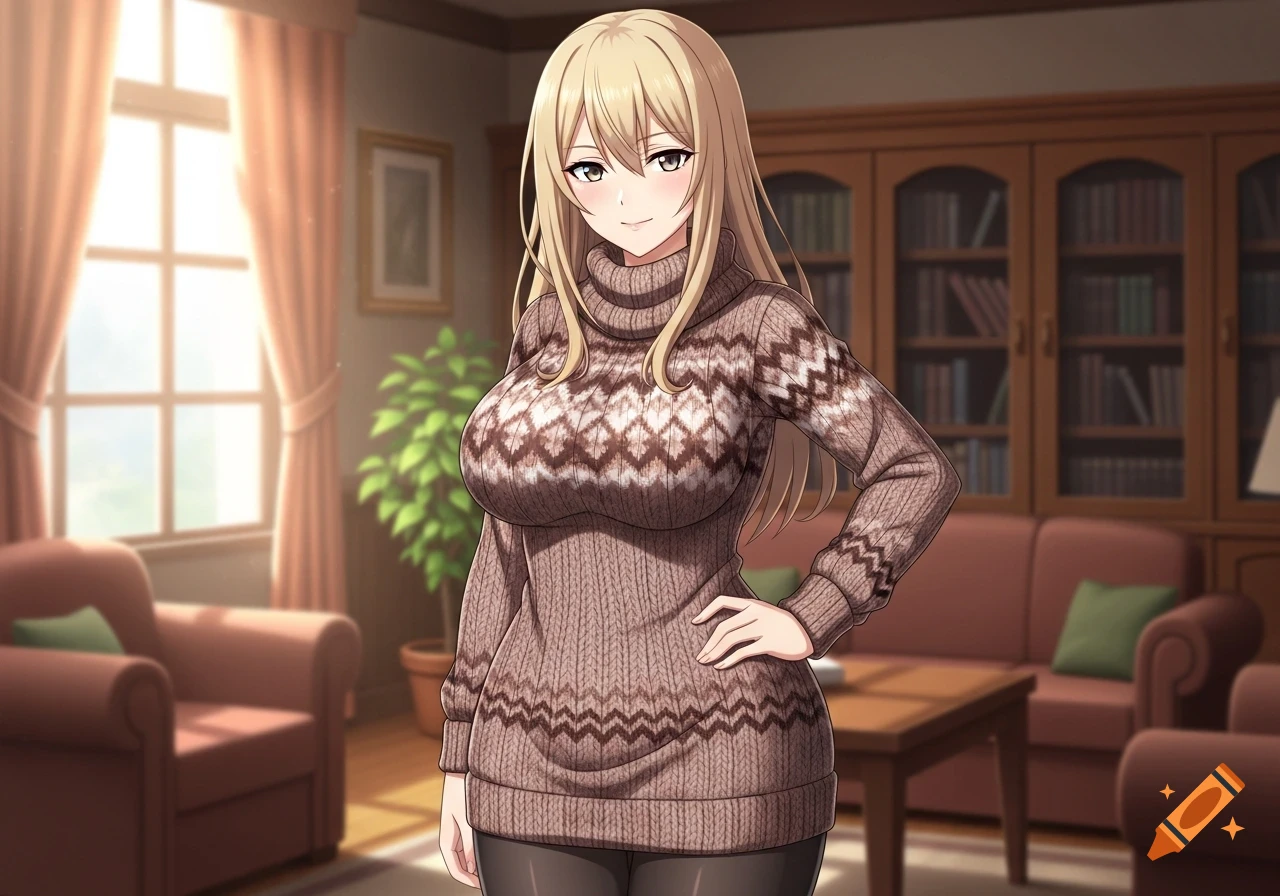 An anime woman with blonde hair, wearing a brown fair isle knit turtleneck sweater, standing in a cozy living room.