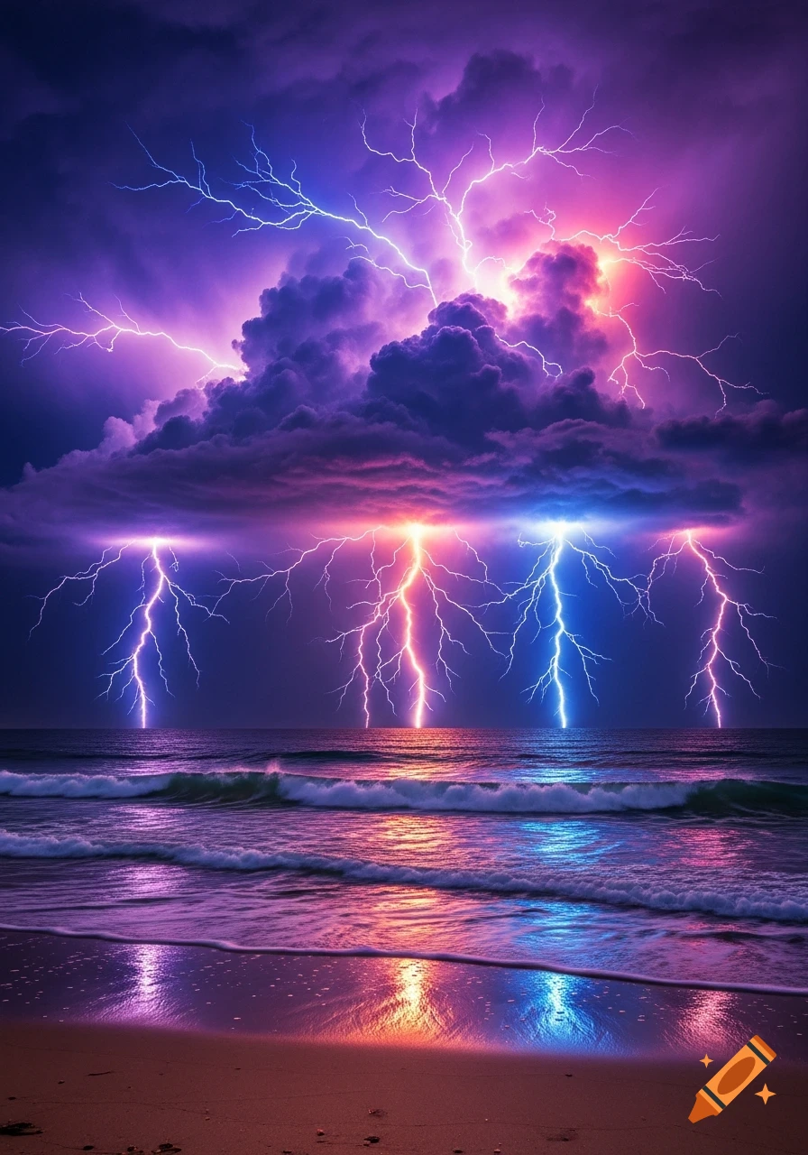 An epic storm with vibrant purple, pink, and blue lightning striking the ocean near a beach, reflecting colorful light on the water.