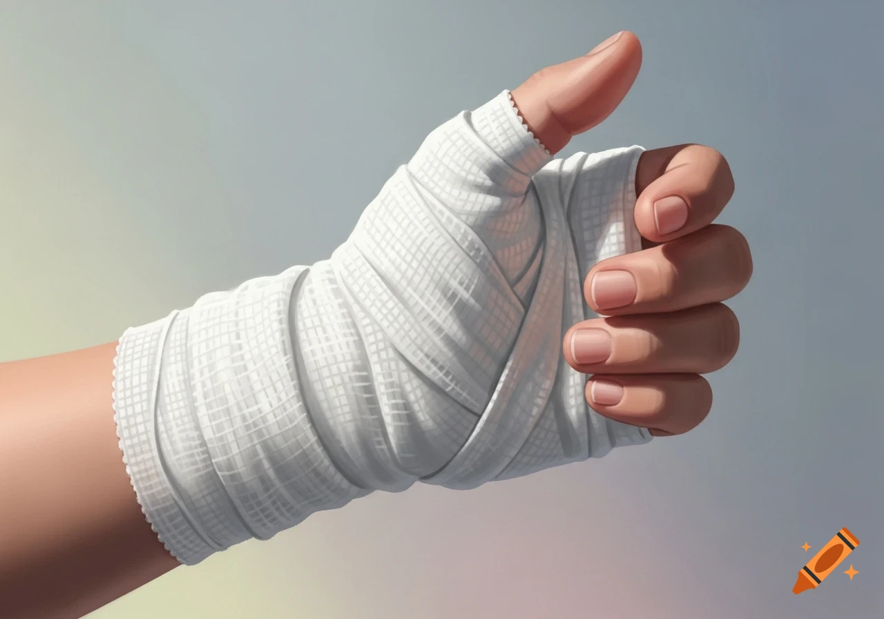 A human hand with a white bandage wrapped around the wrist and thumb, giving a thumbs-up gesture.